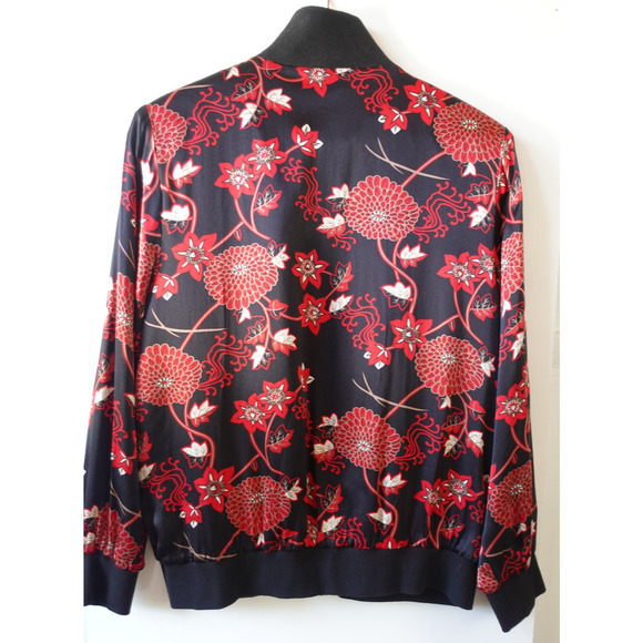 Vintage Silk Bomber Jacket Medium Black Red Japanese Floral Retro Goth 90s Y2K - Picture 2 of 6
